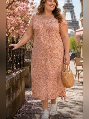 Ethos Paris Pink Red White Short Sleeve Organic Cotton Midi Dress NWT Large